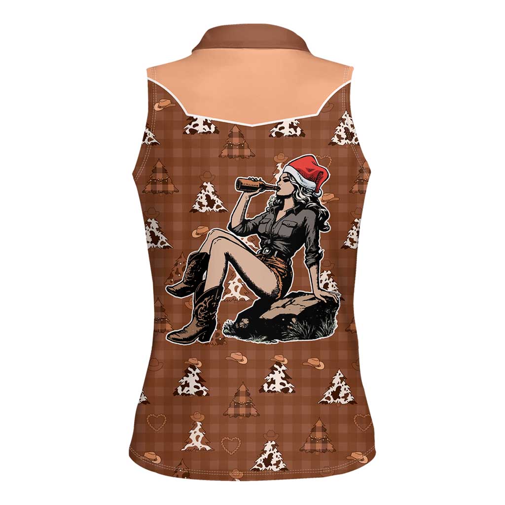 Western Yoke Women Sleeveless Polo Shirt Cowgirl Drinking Wine Christmas - Wonder Print Shop