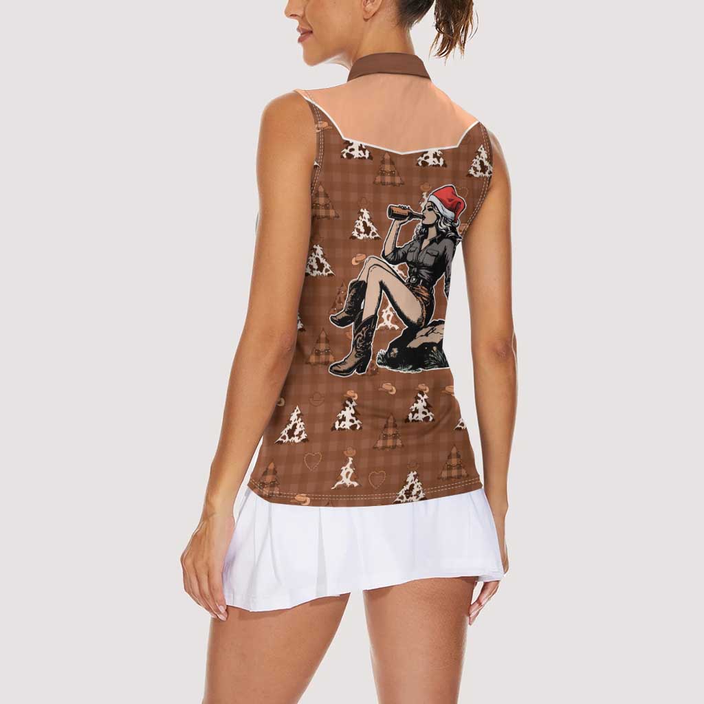 Western Yoke Women Sleeveless Polo Shirt Cowgirl Drinking Wine Christmas - Wonder Print Shop