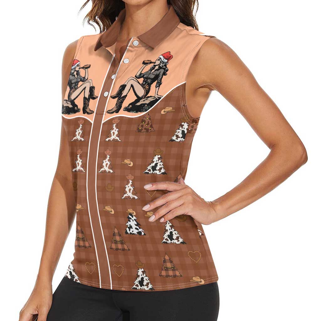 Western Yoke Women Sleeveless Polo Shirt Cowgirl Drinking Wine Christmas - Wonder Print Shop