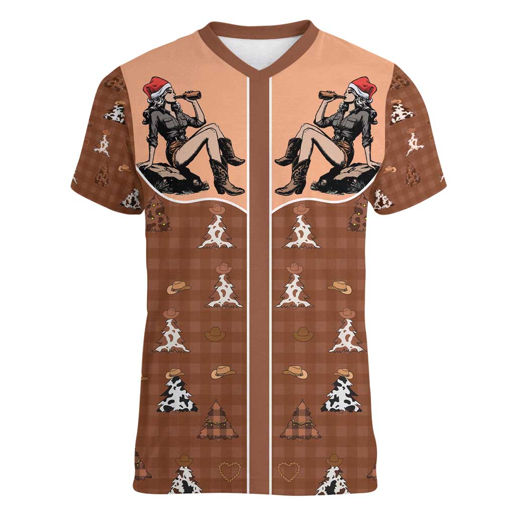 Western Yoke Women V-Neck T-Shirt Cowgirl Drinking Wine Christmas - Wonder Print Shop