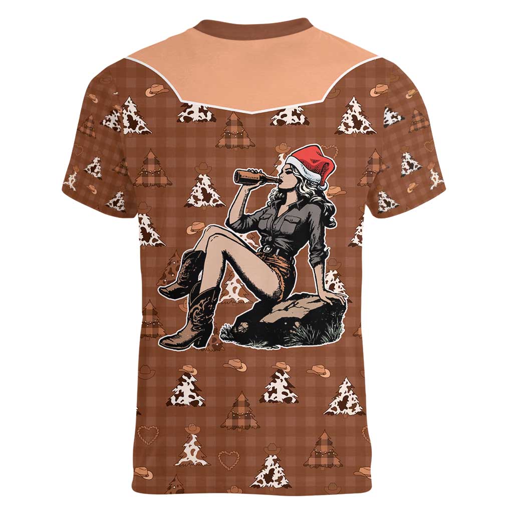 Western Yoke Women V-Neck T-Shirt Cowgirl Drinking Wine Christmas - Wonder Print Shop