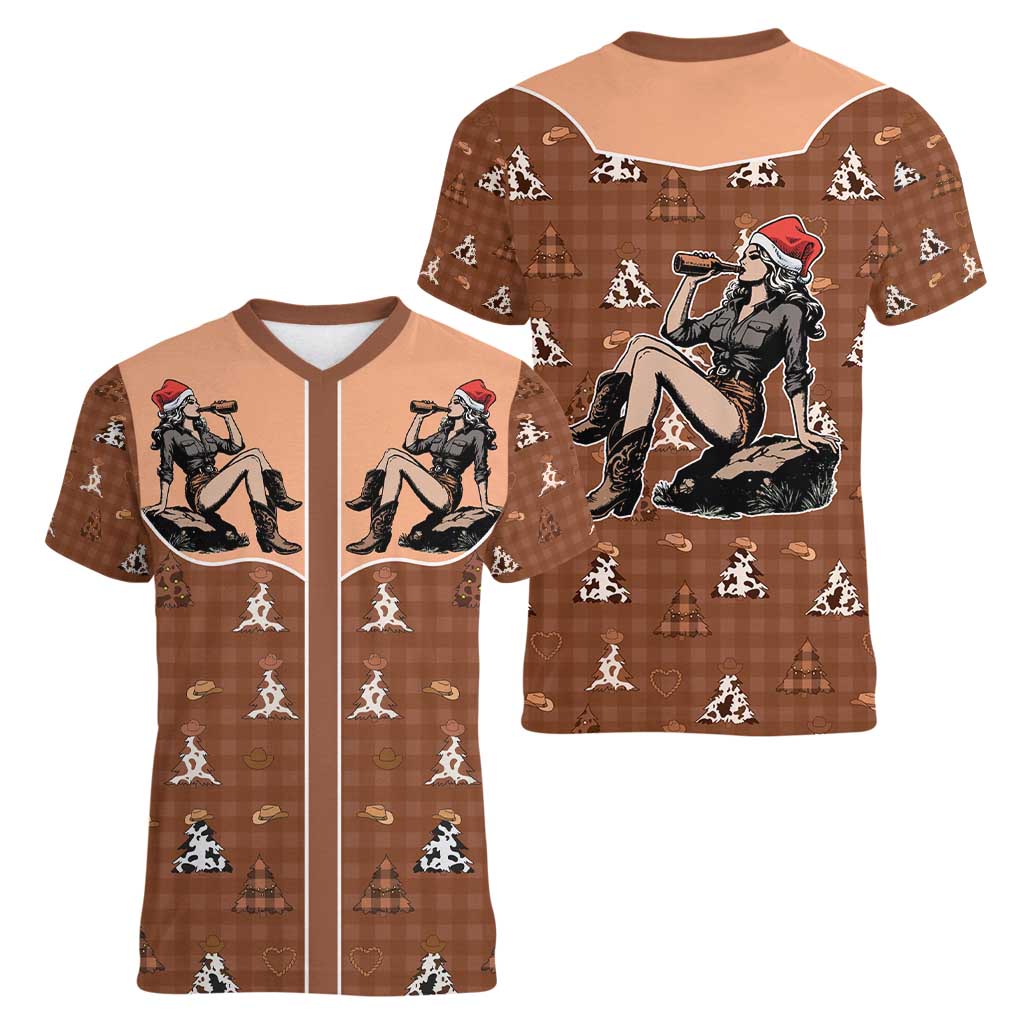 Western Yoke Women V-Neck T-Shirt Cowgirl Drinking Wine Christmas - Wonder Print Shop