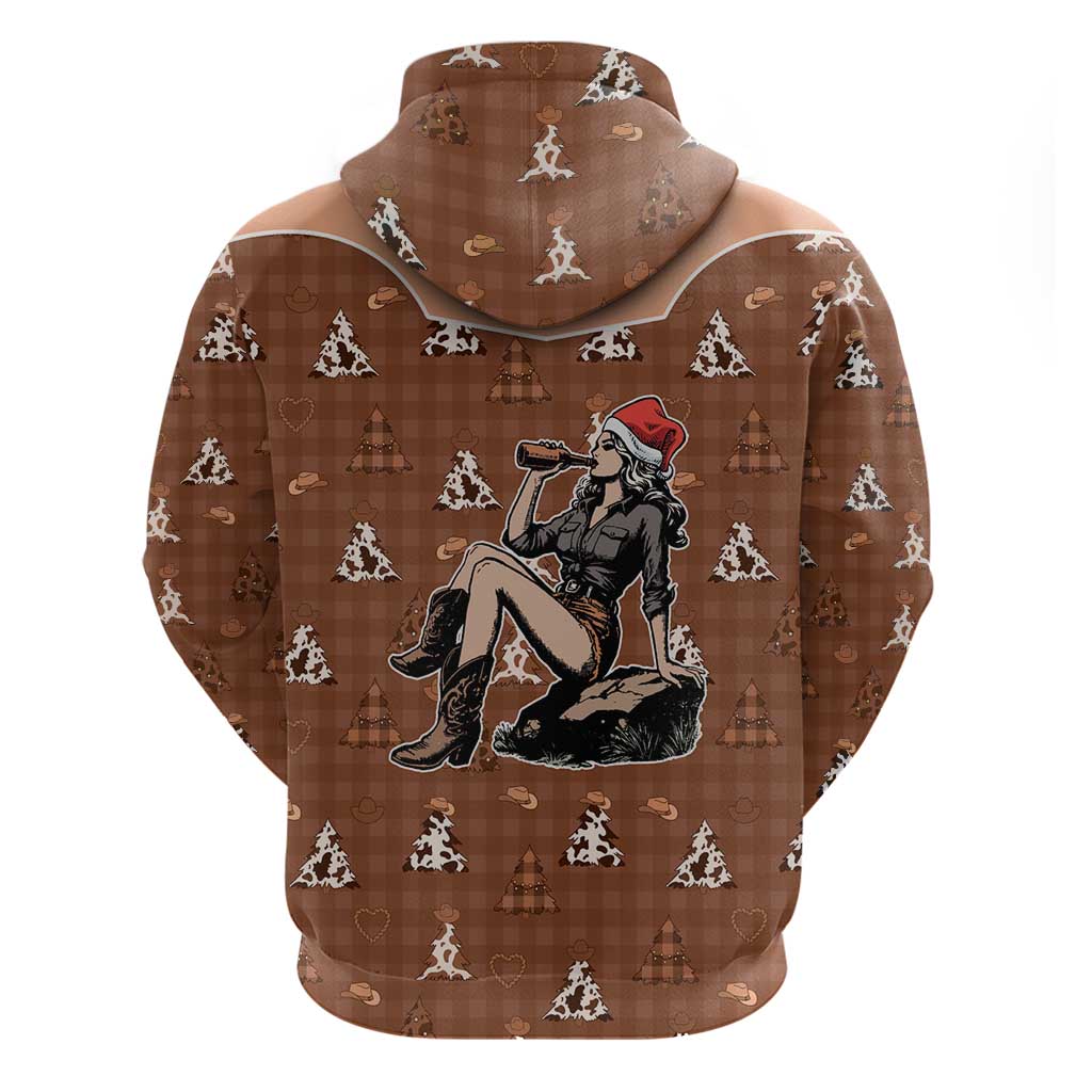 Western Yoke Zip Hoodie Cowgirl Drinking Wine Christmas - Wonder Print Shop