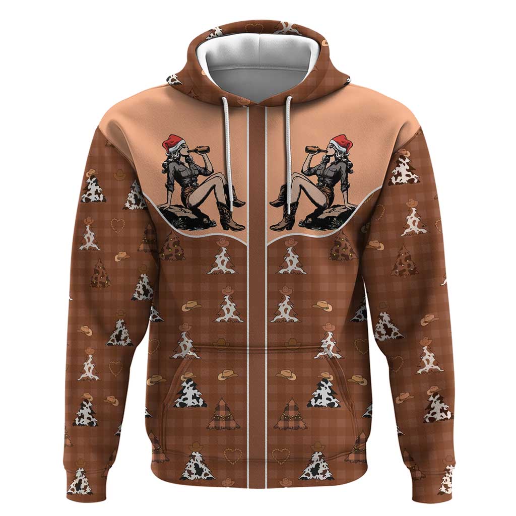 Western Yoke Zip Hoodie Cowgirl Drinking Wine Christmas - Wonder Print Shop