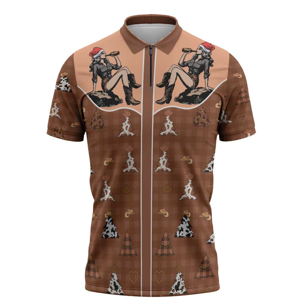 Western Yoke Zipper Polo Shirt Cowgirl Drinking Wine Christmas - Wonder Print Shop
