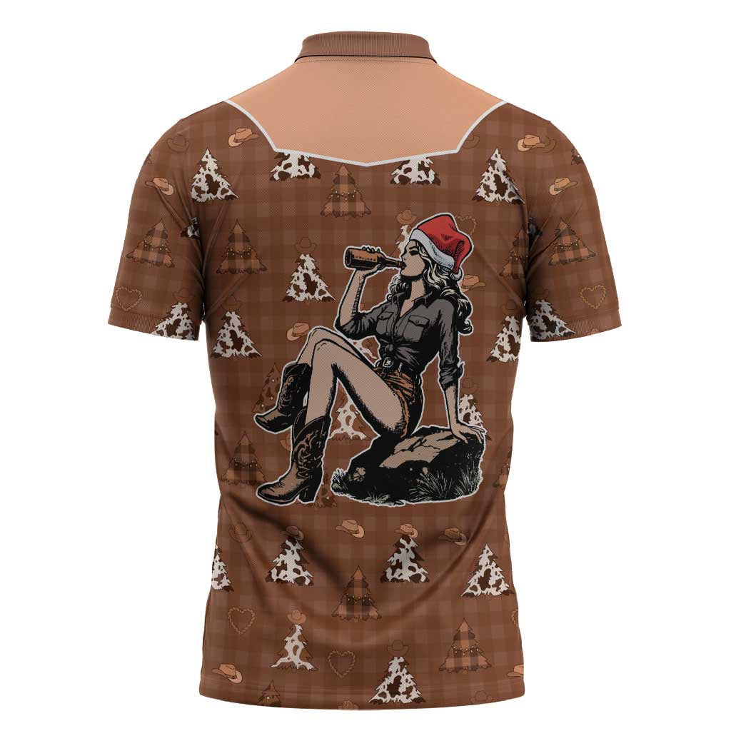Western Yoke Zipper Polo Shirt Cowgirl Drinking Wine Christmas - Wonder Print Shop