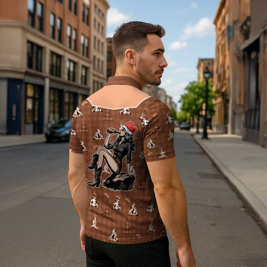 Western Yoke Zipper Polo Shirt Cowgirl Drinking Wine Christmas - Wonder Print Shop