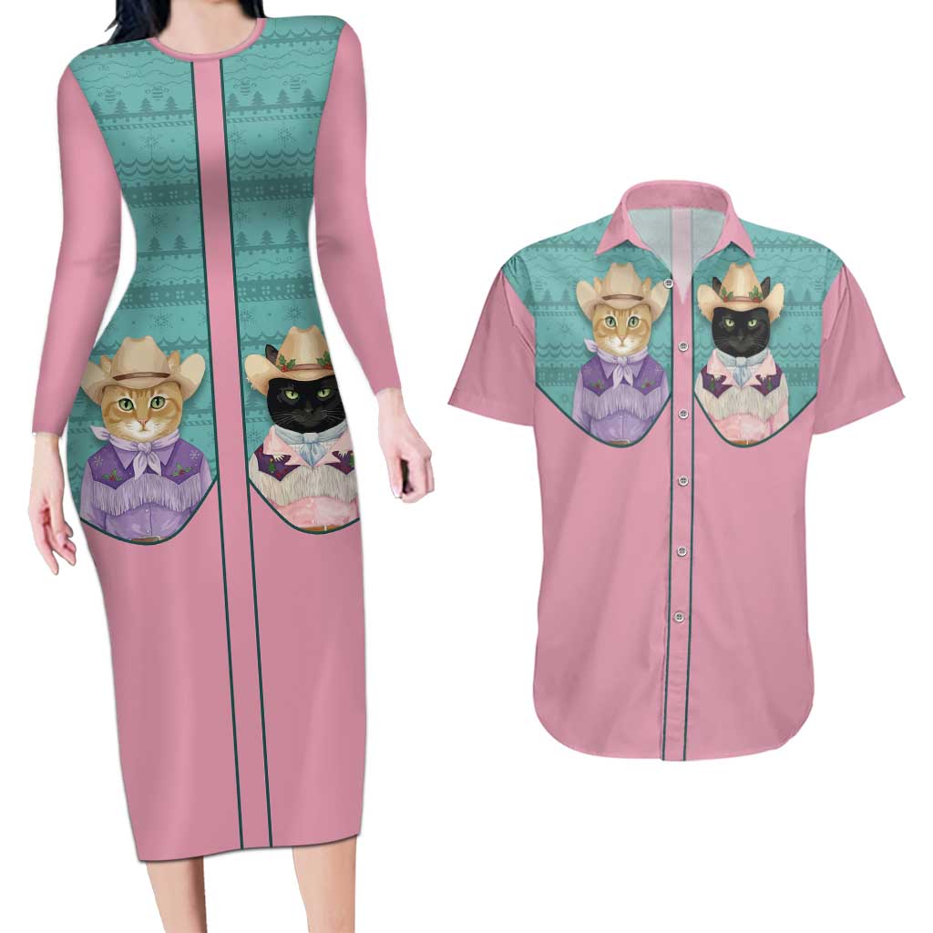 Western Yoke Couples Matching Long Sleeve Bodycon Dress and Hawaiian Shirt Meowdy Christmas And A Meow Year - Wonder Print Shop