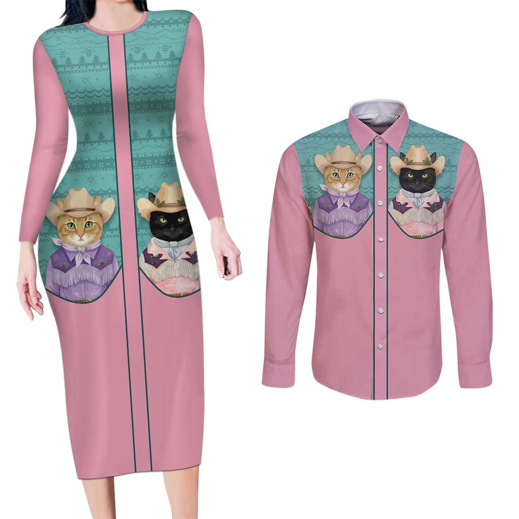 Western Yoke Couples Matching Long Sleeve Bodycon Dress and Long Sleeve Button Shirt Meowdy Christmas And A Meow Year - Wonder Print Shop