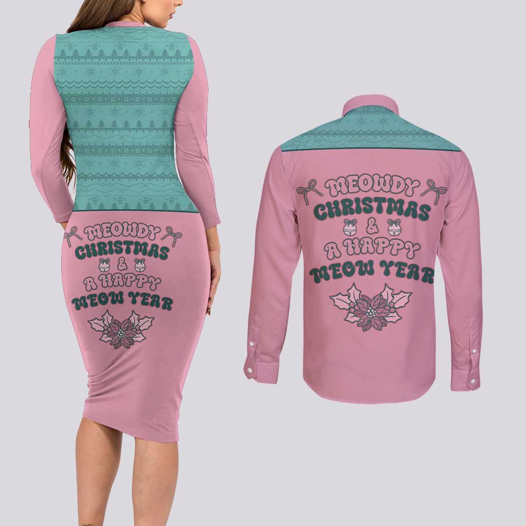 Western Yoke Couples Matching Long Sleeve Bodycon Dress and Long Sleeve Button Shirt Meowdy Christmas And A Meow Year - Wonder Print Shop