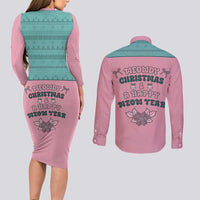 Western Yoke Couples Matching Long Sleeve Bodycon Dress and Long Sleeve Button Shirt Meowdy Christmas And A Meow Year - Wonder Print Shop