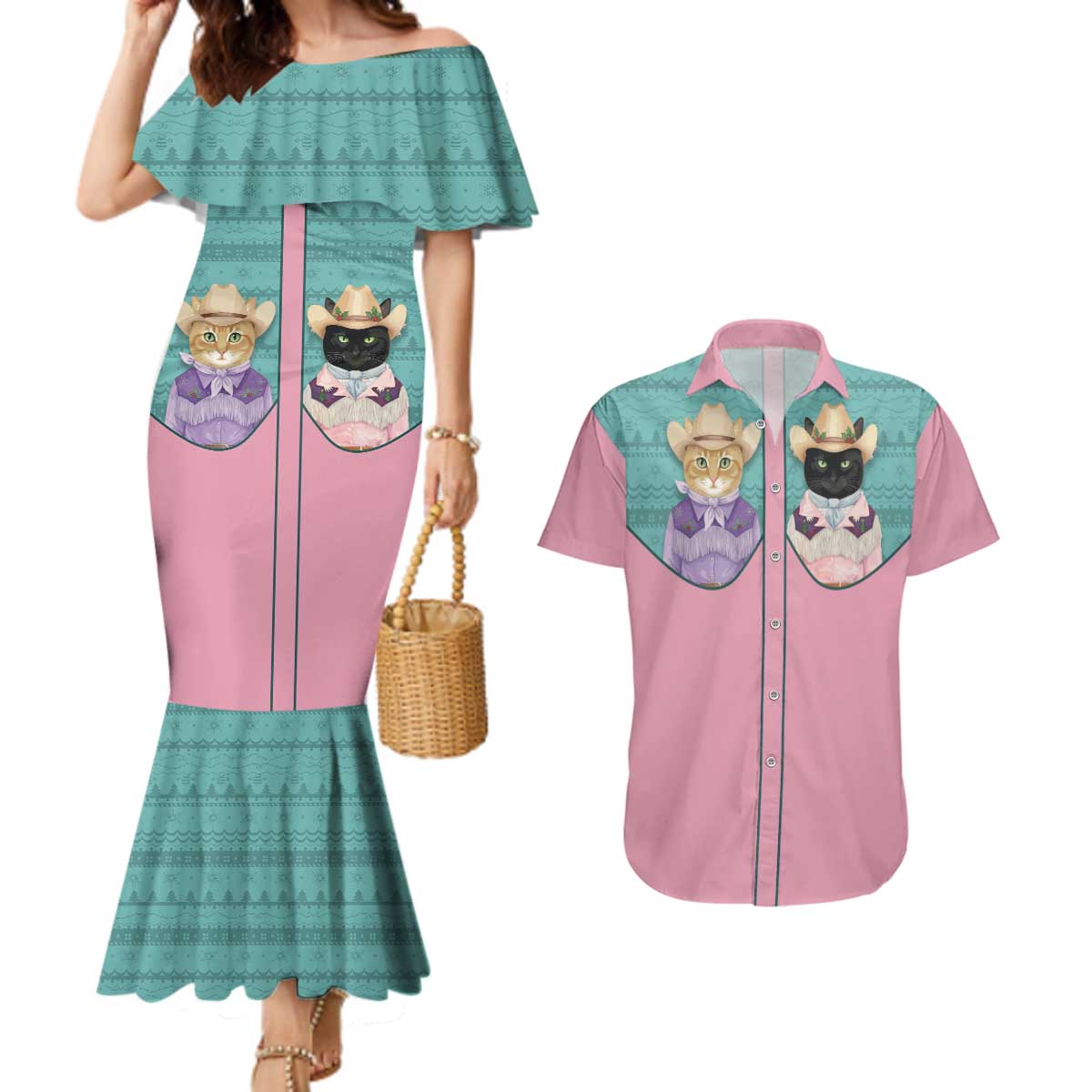 Western Yoke Couples Matching Mermaid Dress and Hawaiian Shirt Meowdy Christmas And A Meow Year - Wonder Print Shop