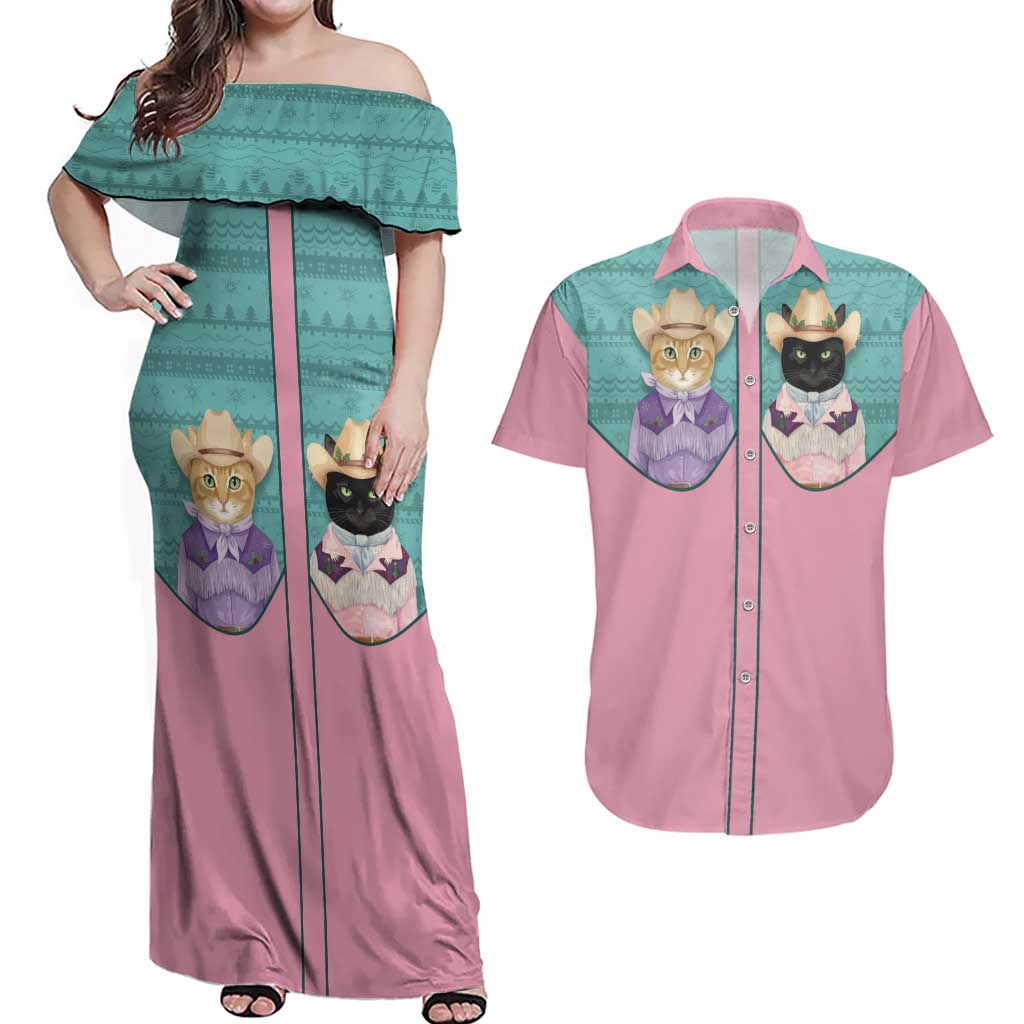 Western Yoke Couples Matching Off Shoulder Maxi Dress and Hawaiian Shirt Meowdy Christmas And A Meow Year - Wonder Print Shop