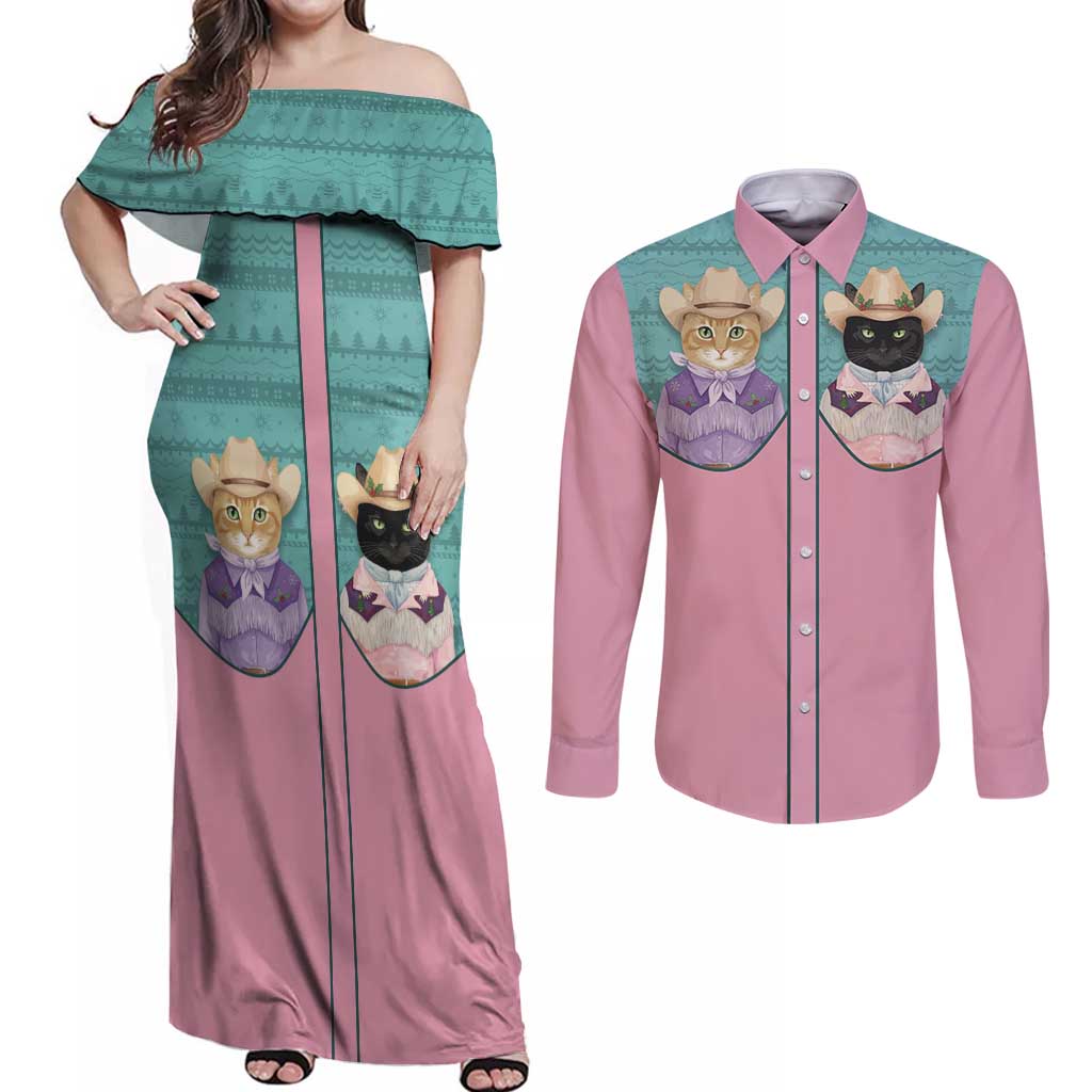 Western Yoke Couples Matching Off Shoulder Maxi Dress and Long Sleeve Button Shirt Meowdy Christmas And A Meow Year - Wonder Print Shop