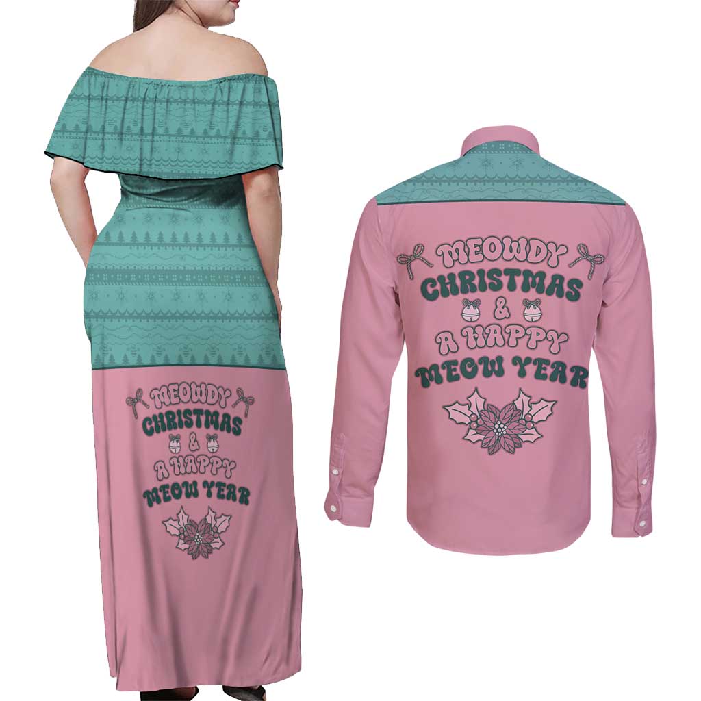 Western Yoke Couples Matching Off Shoulder Maxi Dress and Long Sleeve Button Shirt Meowdy Christmas And A Meow Year - Wonder Print Shop