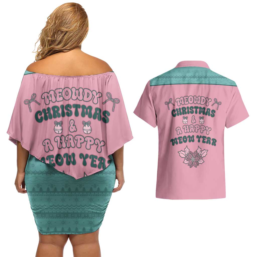 Western Yoke Couples Matching Off Shoulder Short Dress and Hawaiian Shirt Meowdy Christmas And A Meow Year - Wonder Print Shop