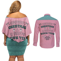 Western Yoke Couples Matching Off Shoulder Short Dress and Long Sleeve Button Shirt Meowdy Christmas And A Meow Year - Wonder Print Shop