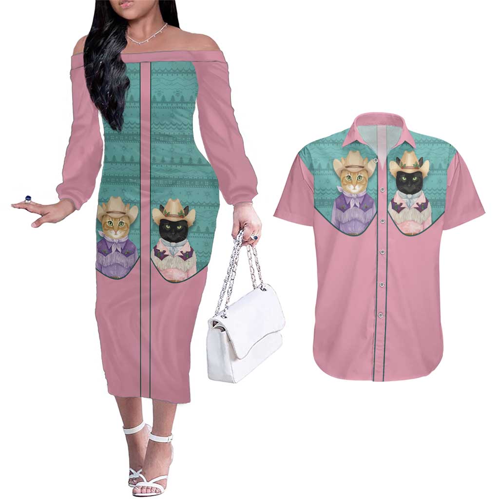 Western Yoke Couples Matching Off The Shoulder Long Sleeve Dress and Hawaiian Shirt Meowdy Christmas And A Meow Year - Wonder Print Shop