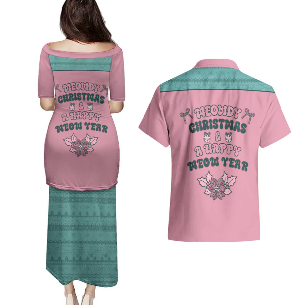 Western Yoke Couples Matching Puletasi and Hawaiian Shirt Meowdy Christmas And A Meow Year - Wonder Print Shop