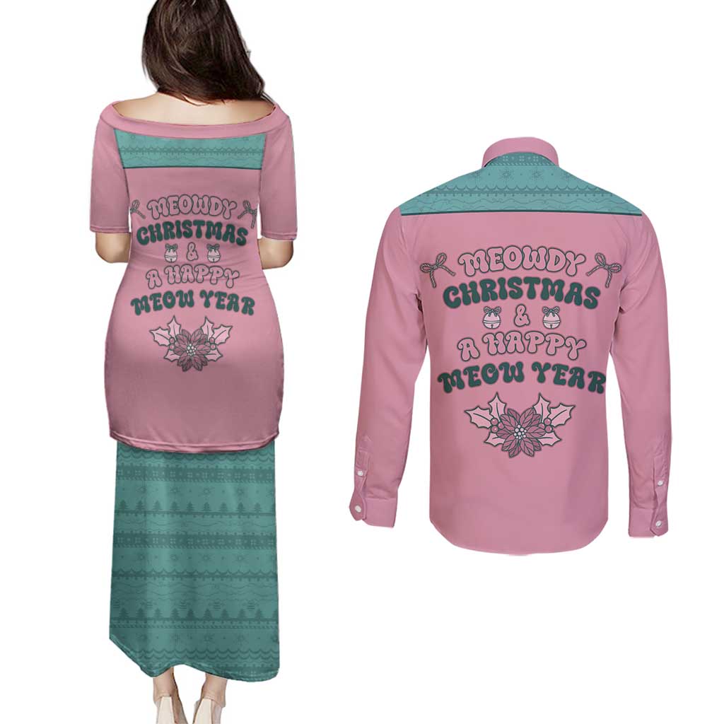 Western Yoke Couples Matching Puletasi and Long Sleeve Button Shirt Meowdy Christmas And A Meow Year - Wonder Print Shop