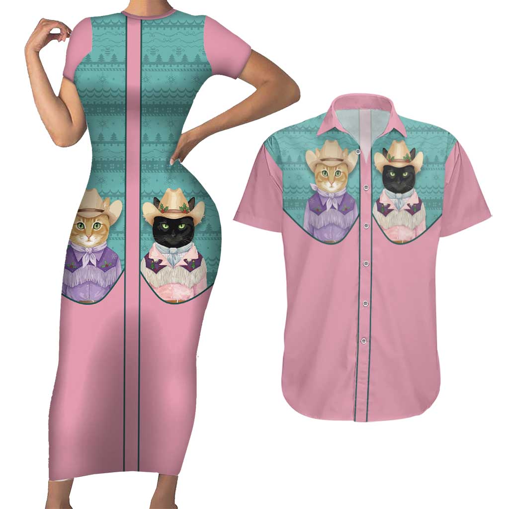 Western Yoke Couples Matching Short Sleeve Bodycon Dress and Hawaiian Shirt Meowdy Christmas And A Meow Year - Wonder Print Shop