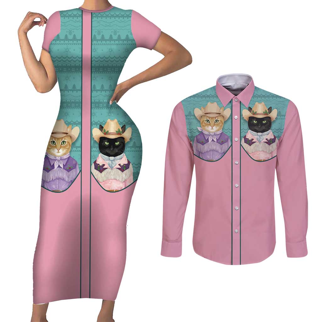 Western Yoke Couples Matching Short Sleeve Bodycon Dress and Long Sleeve Button Shirt Meowdy Christmas And A Meow Year - Wonder Print Shop