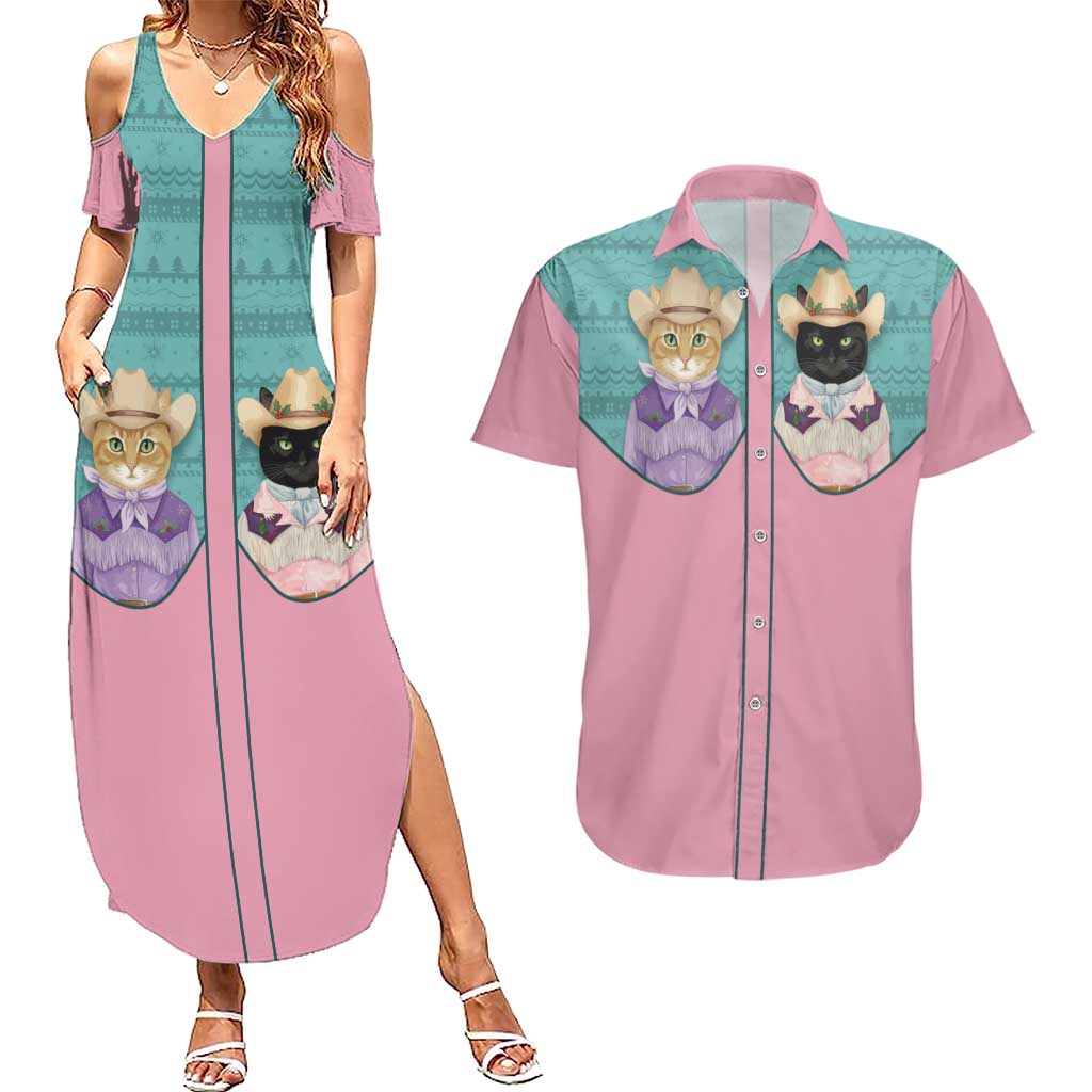 Western Yoke Couples Matching Summer Maxi Dress and Hawaiian Shirt Meowdy Christmas And A Meow Year - Wonder Print Shop