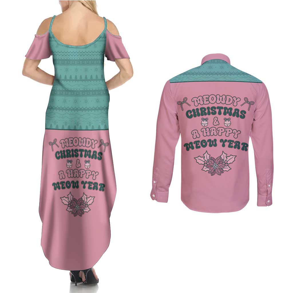 Western Yoke Couples Matching Summer Maxi Dress and Long Sleeve Button Shirt Meowdy Christmas And A Meow Year - Wonder Print Shop