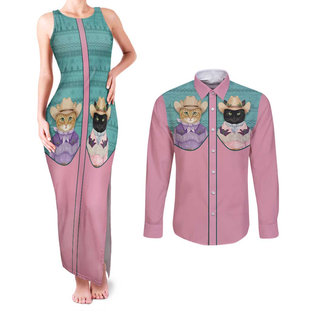 Western Yoke Couples Matching Tank Maxi Dress and Long Sleeve Button Shirt Meowdy Christmas And A Meow Year - Wonder Print Shop