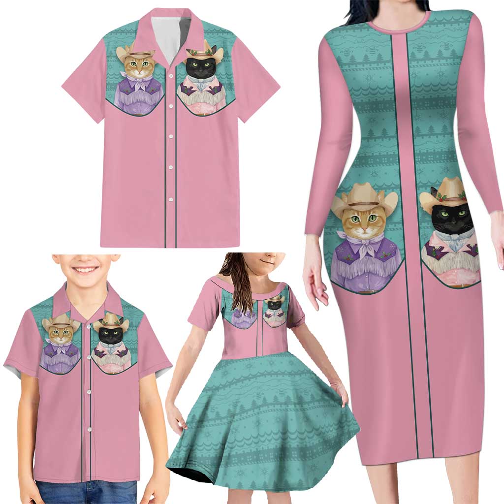 Western Yoke Family Matching Long Sleeve Bodycon Dress and Hawaiian Shirt Meowdy Christmas And A Meow Year - Wonder Print Shop