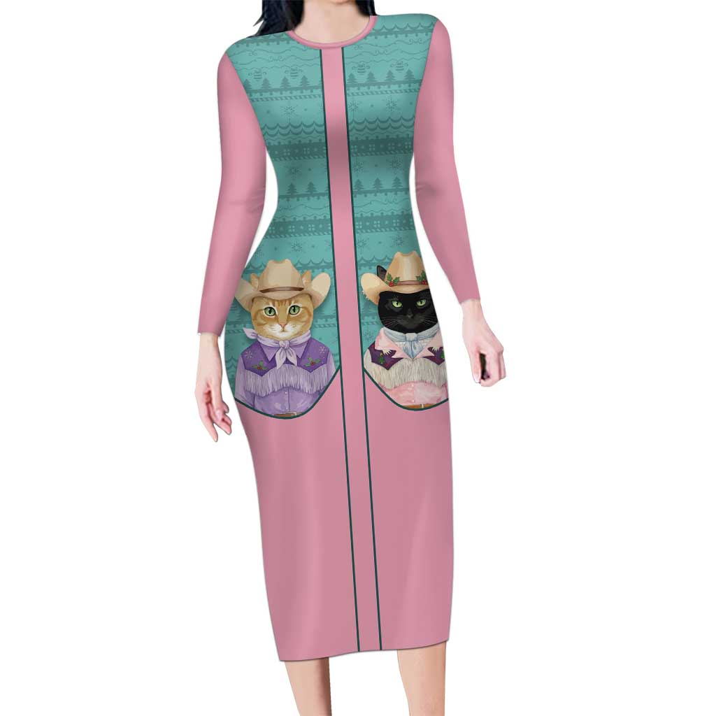 Western Yoke Family Matching Long Sleeve Bodycon Dress and Hawaiian Shirt Meowdy Christmas And A Meow Year - Wonder Print Shop