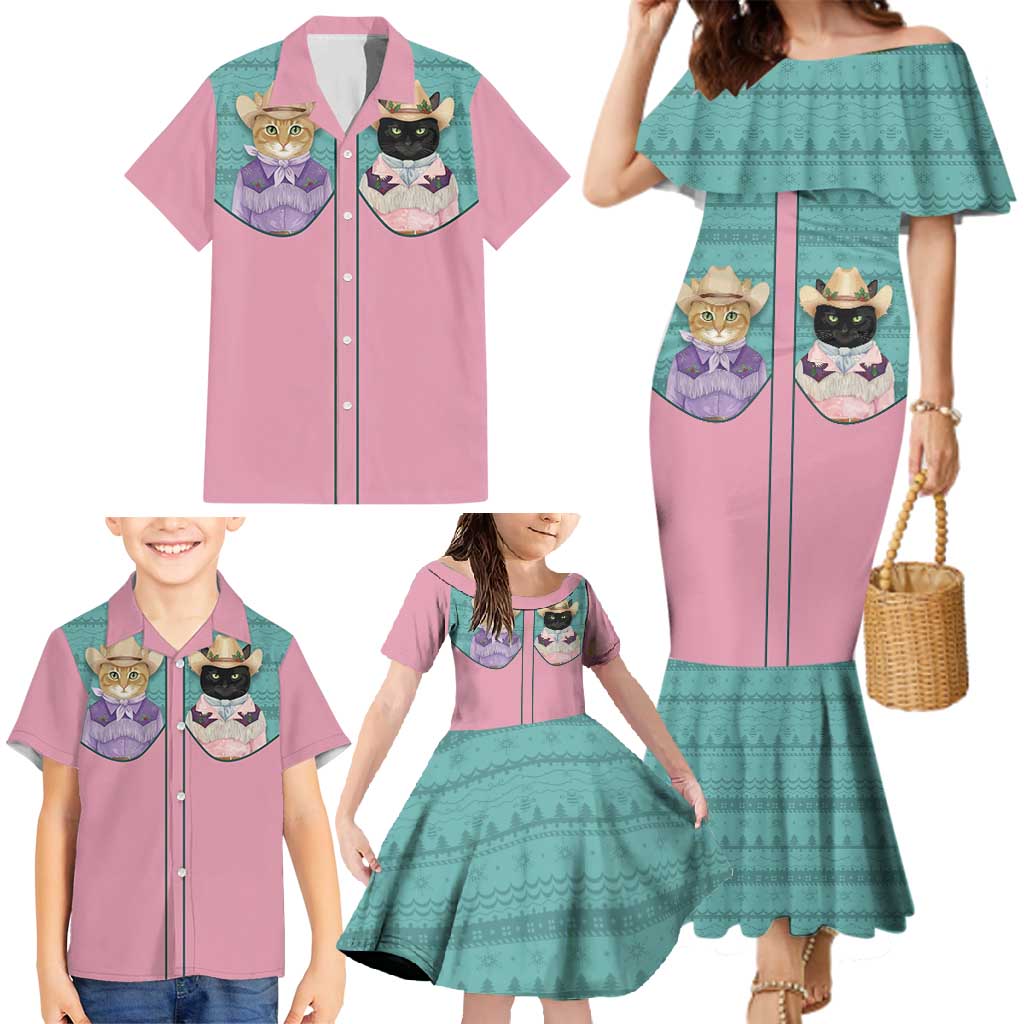 Western Yoke Family Matching Mermaid Dress and Hawaiian Shirt Meowdy Christmas And A Meow Year - Wonder Print Shop