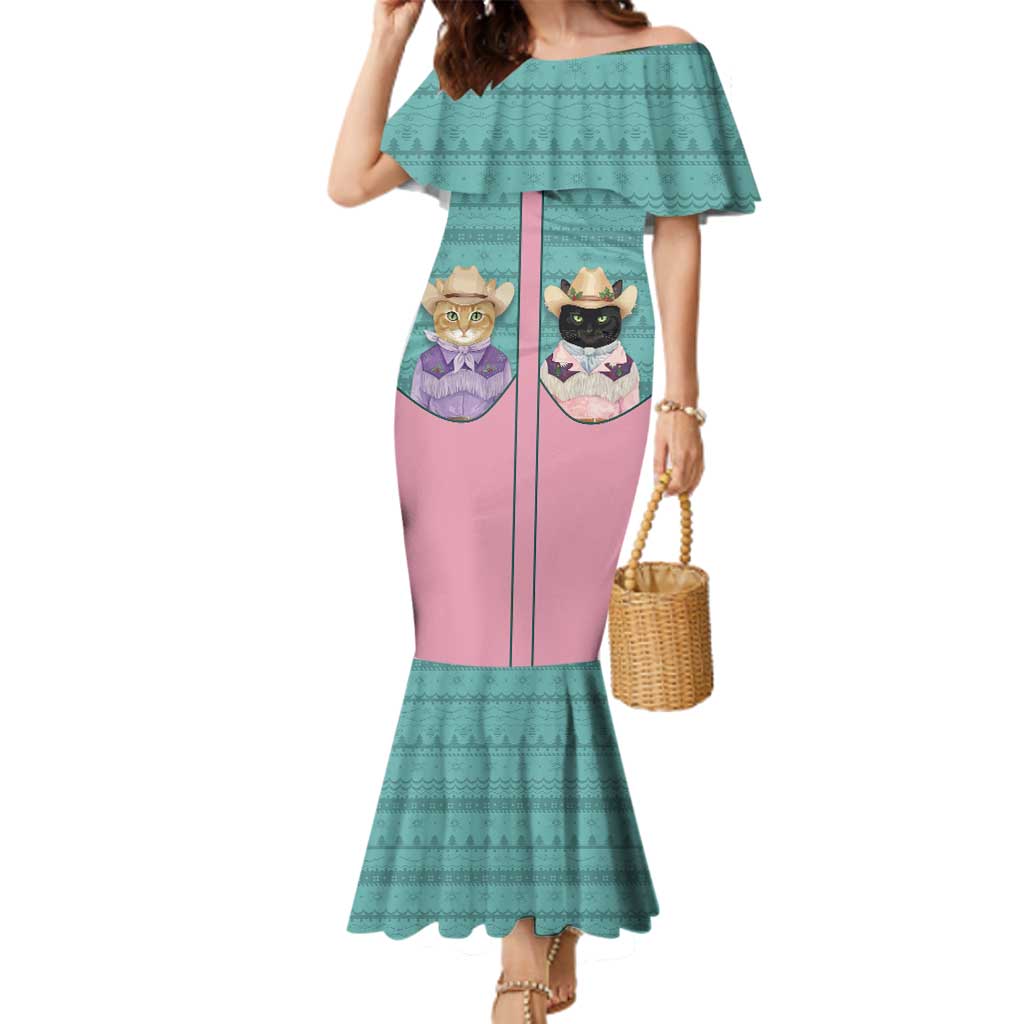 Western Yoke Family Matching Mermaid Dress and Hawaiian Shirt Meowdy Christmas And A Meow Year - Wonder Print Shop