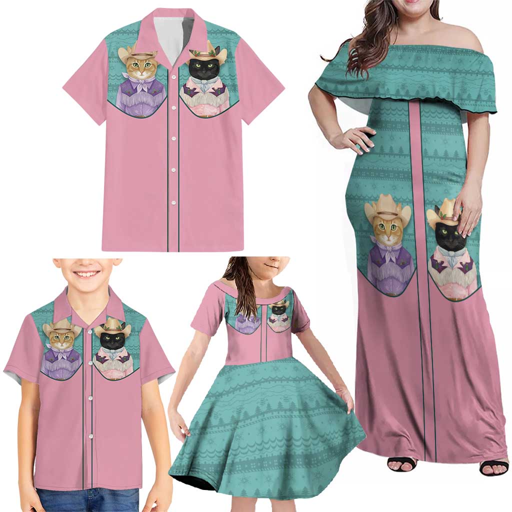 Western Yoke Family Matching Off Shoulder Maxi Dress and Hawaiian Shirt Meowdy Christmas And A Meow Year - Wonder Print Shop