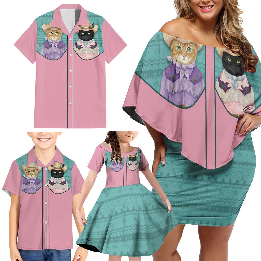 Western Yoke Family Matching Off Shoulder Short Dress and Hawaiian Shirt Meowdy Christmas And A Meow Year - Wonder Print Shop