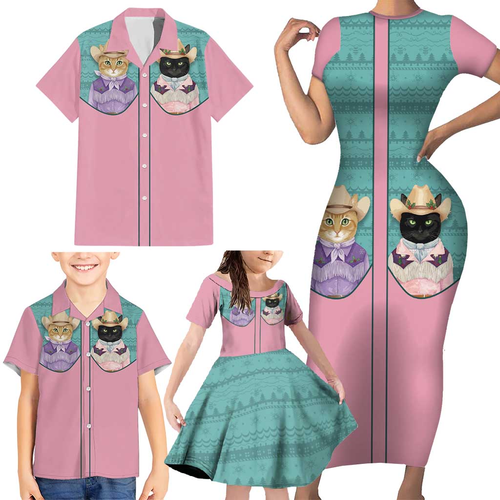 Western Yoke Family Matching Short Sleeve Bodycon Dress and Hawaiian Shirt Meowdy Christmas And A Meow Year - Wonder Print Shop