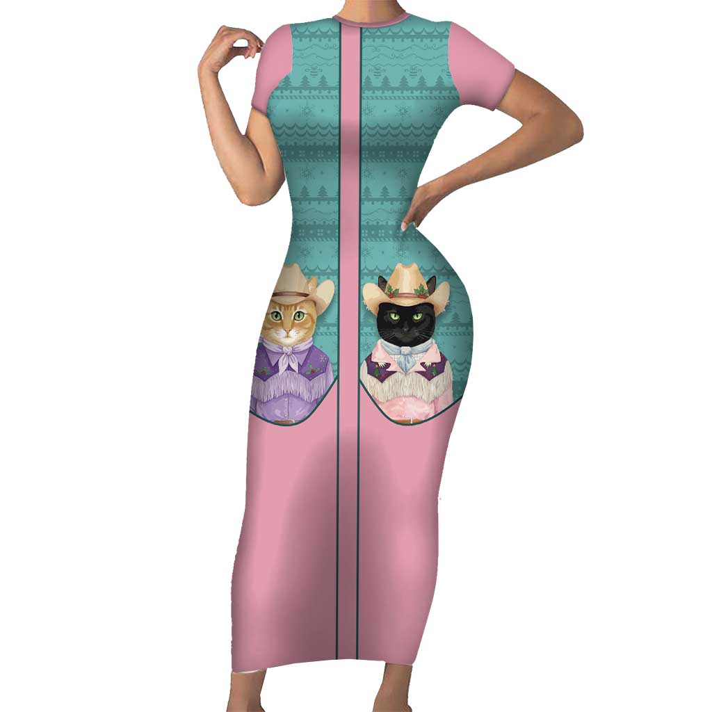 Western Yoke Family Matching Short Sleeve Bodycon Dress and Hawaiian Shirt Meowdy Christmas And A Meow Year - Wonder Print Shop