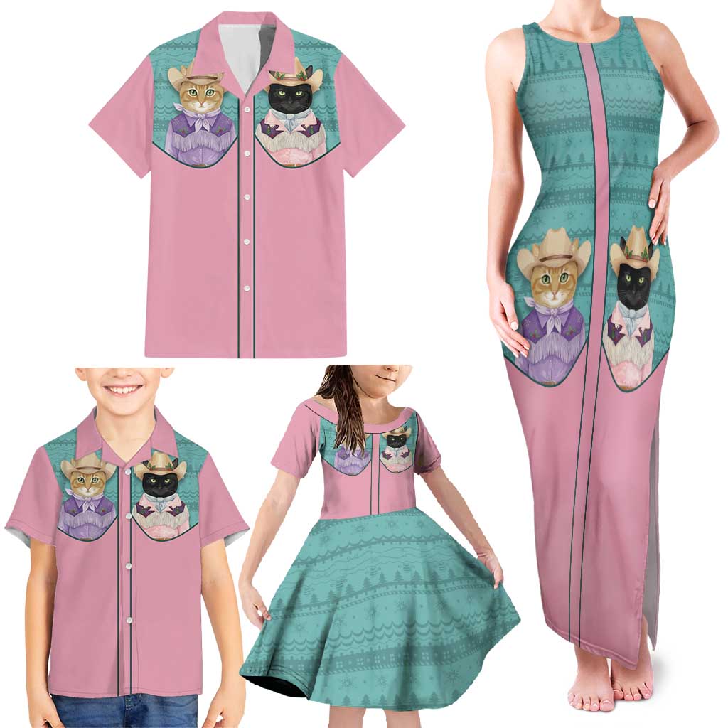 Western Yoke Family Matching Tank Maxi Dress and Hawaiian Shirt Meowdy Christmas And A Meow Year - Wonder Print Shop