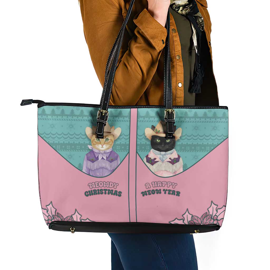 Western Yoke Leather Tote Bag Meowdy Christmas And A Meow Year - Wonder Print Shop