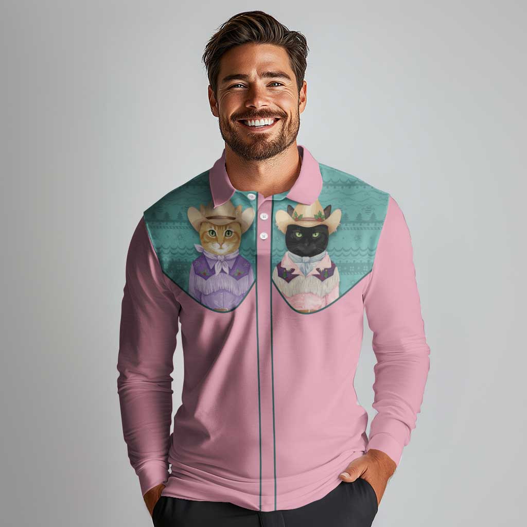 Western Yoke Long Sleeve Polo Shirt Meowdy Christmas And A Meow Year - Wonder Print Shop