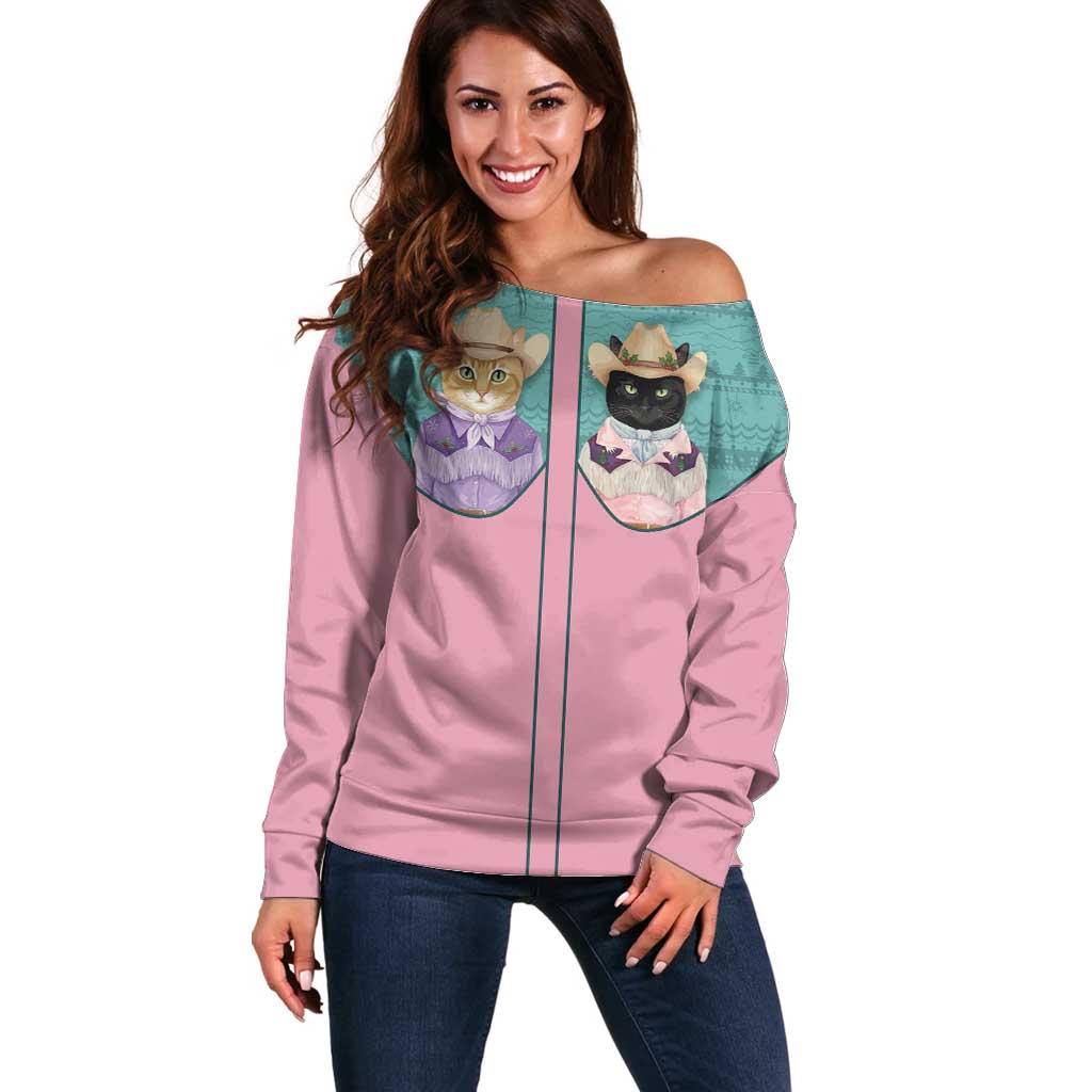 Western Yoke Off Shoulder Sweater Meowdy Christmas And A Meow Year - Wonder Print Shop