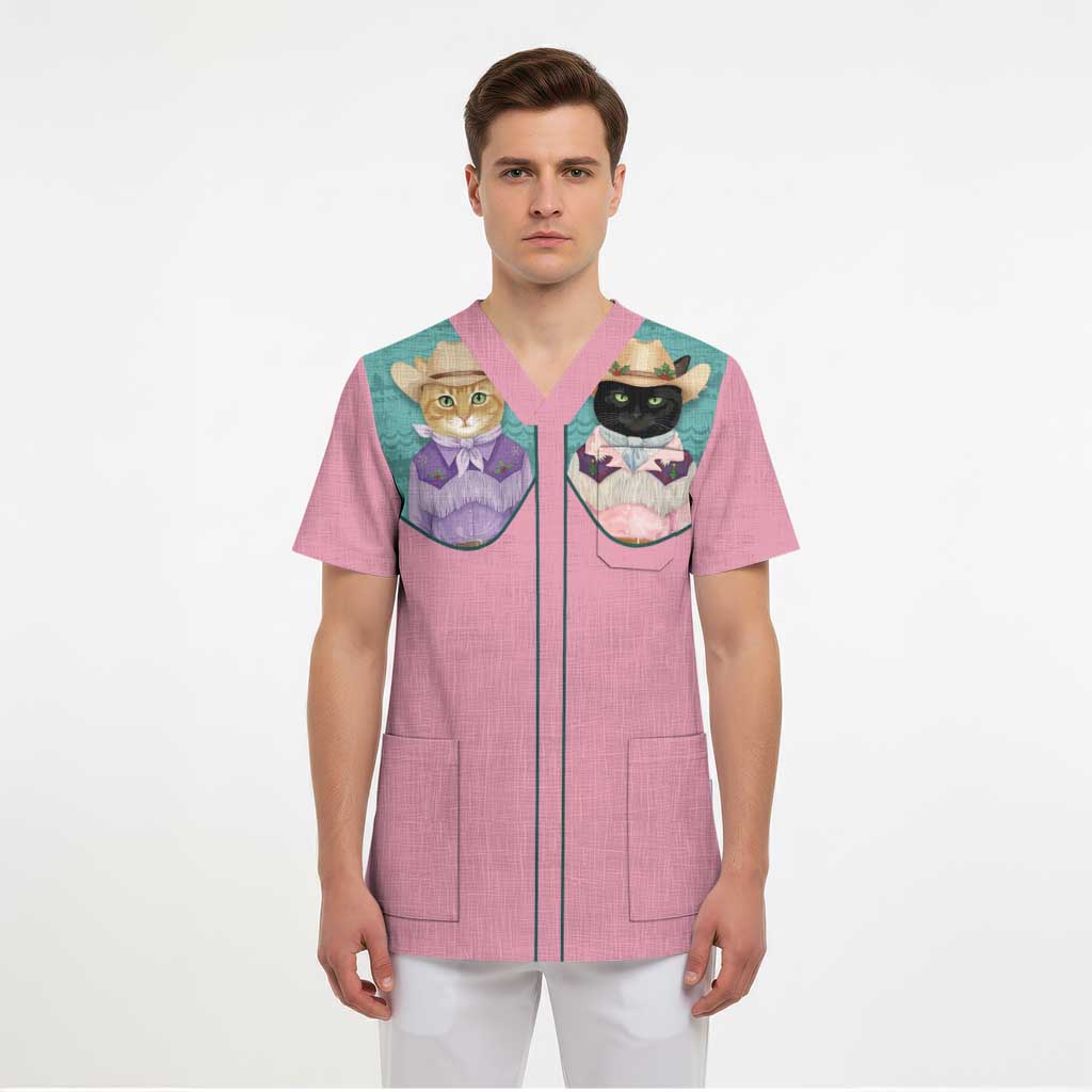 Western Yoke Scrub Top Meowdy Christmas And A Meow Year - Wonder Print Shop