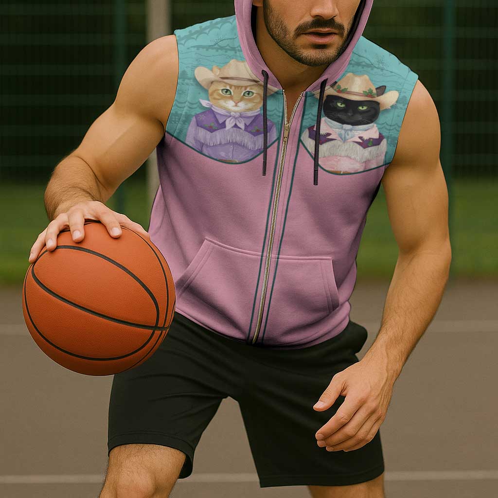 Western Yoke Sleeveless Zip Hoodie Meowdy Christmas And A Meow Year - Wonder Print Shop