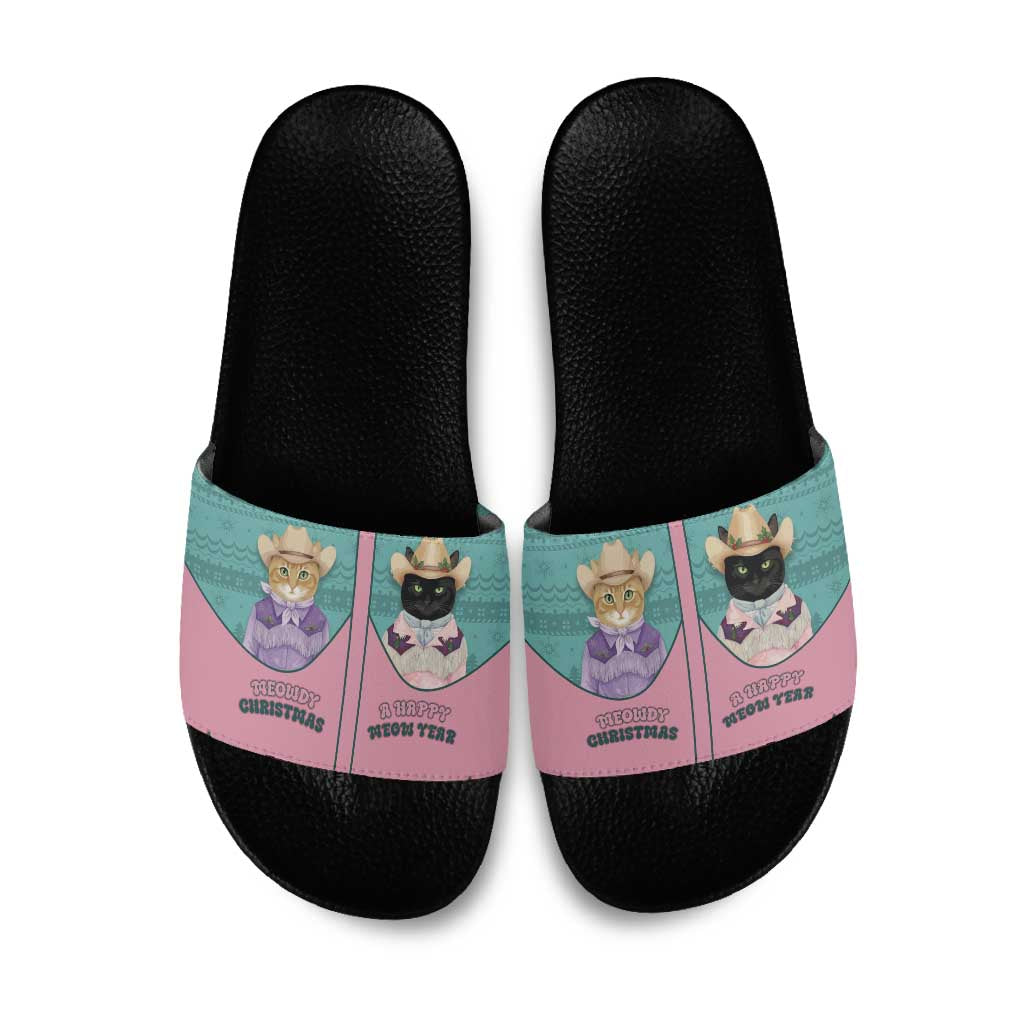 Western Yoke Slide Sandals Meowdy Christmas And A Meow Year - Wonder Print Shop