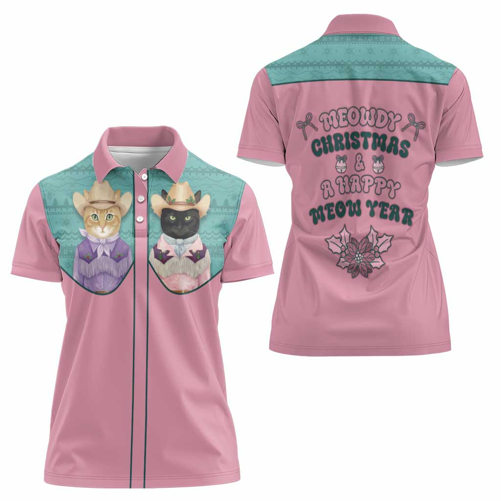 Western Yoke Women Polo Shirt Meowdy Christmas And A Meow Year - Wonder Print Shop