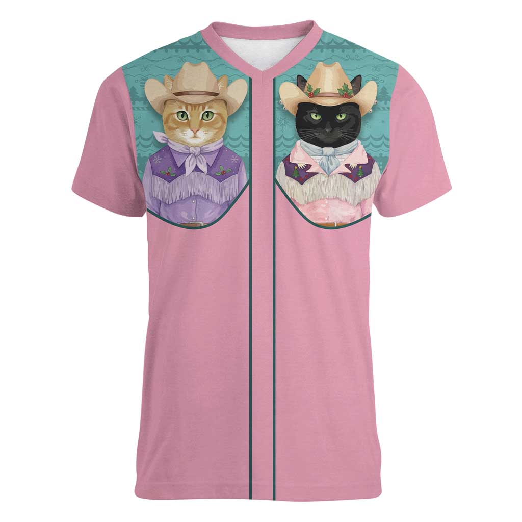 Western Yoke Women V-Neck T-Shirt Meowdy Christmas And A Meow Year - Wonder Print Shop