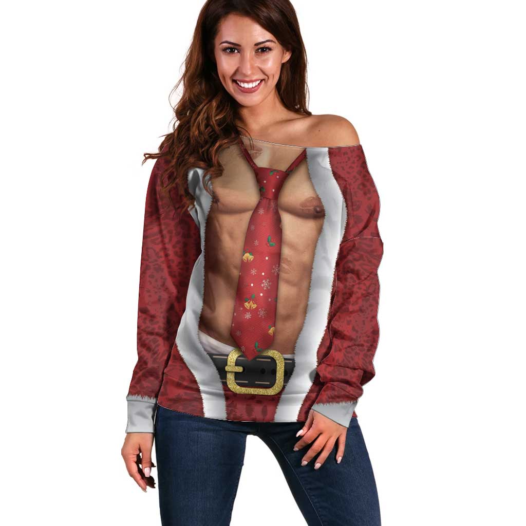 Christmas Costume Off Shoulder Sweater Muscle Santa - Wonder Print Shop