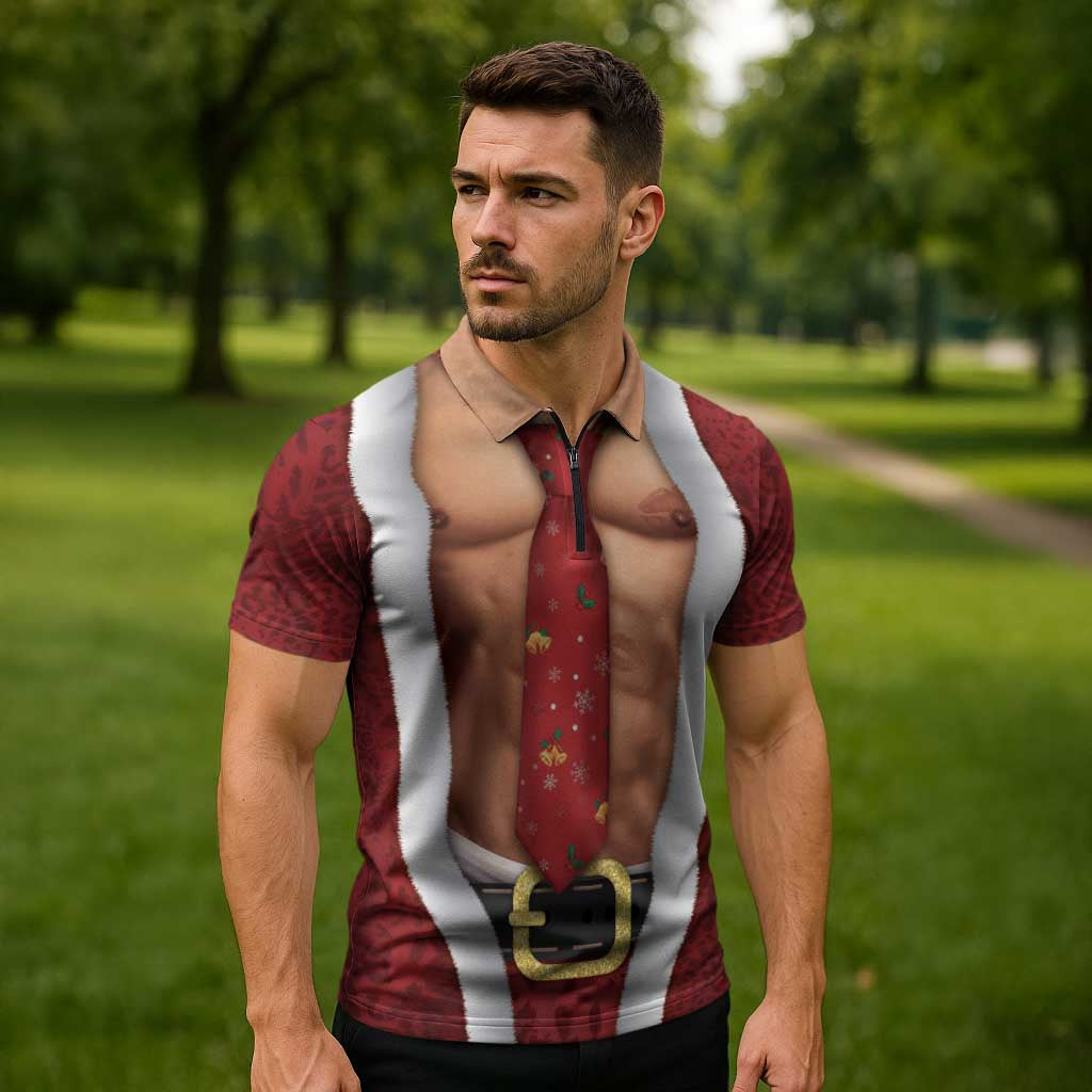 Christmas Costume Zipper Polo Shirt Muscle Santa - Wonder Print Shop