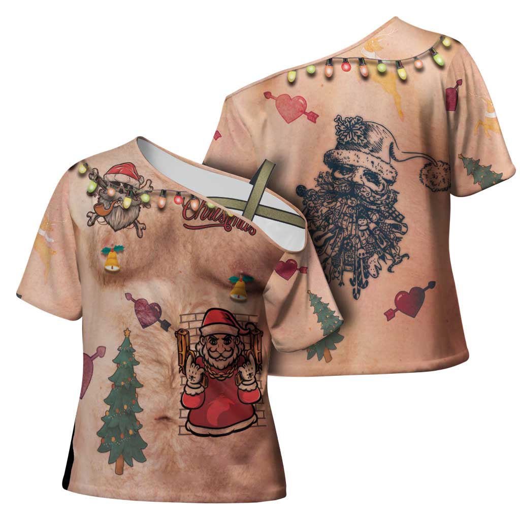 Christmas Costume Cross Shoulder Shirt Funny Hairy Body Xmas Tattoo - Wonder Print Shop