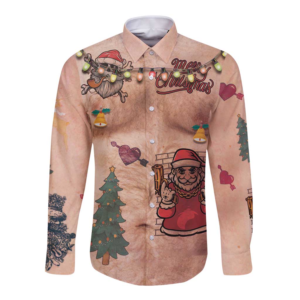 Christmas Costume Long Sleeve Button Shirt Funny Hairy Body Xmas Tattoo - Wonder Print Shop
